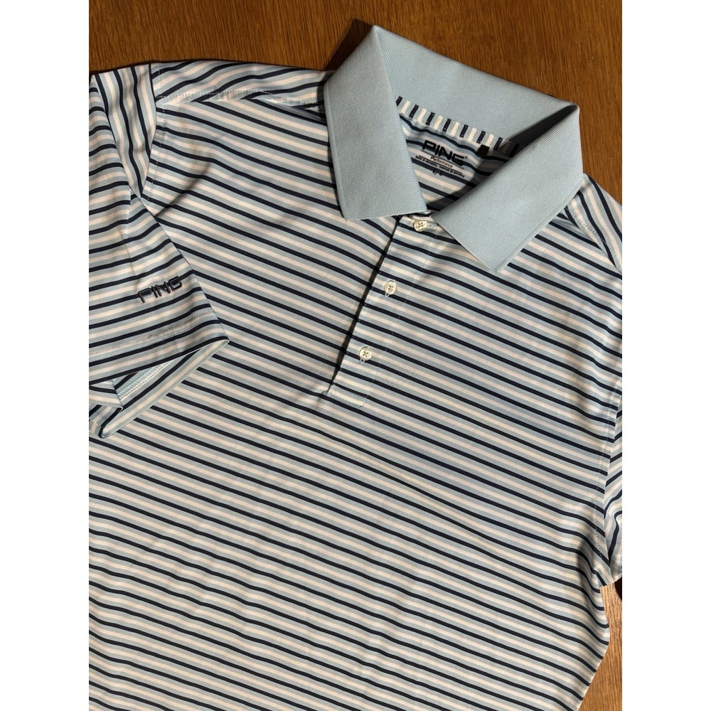 PING Performance Golf Polo L Blue White Stripe Stretch Moisture Wicking